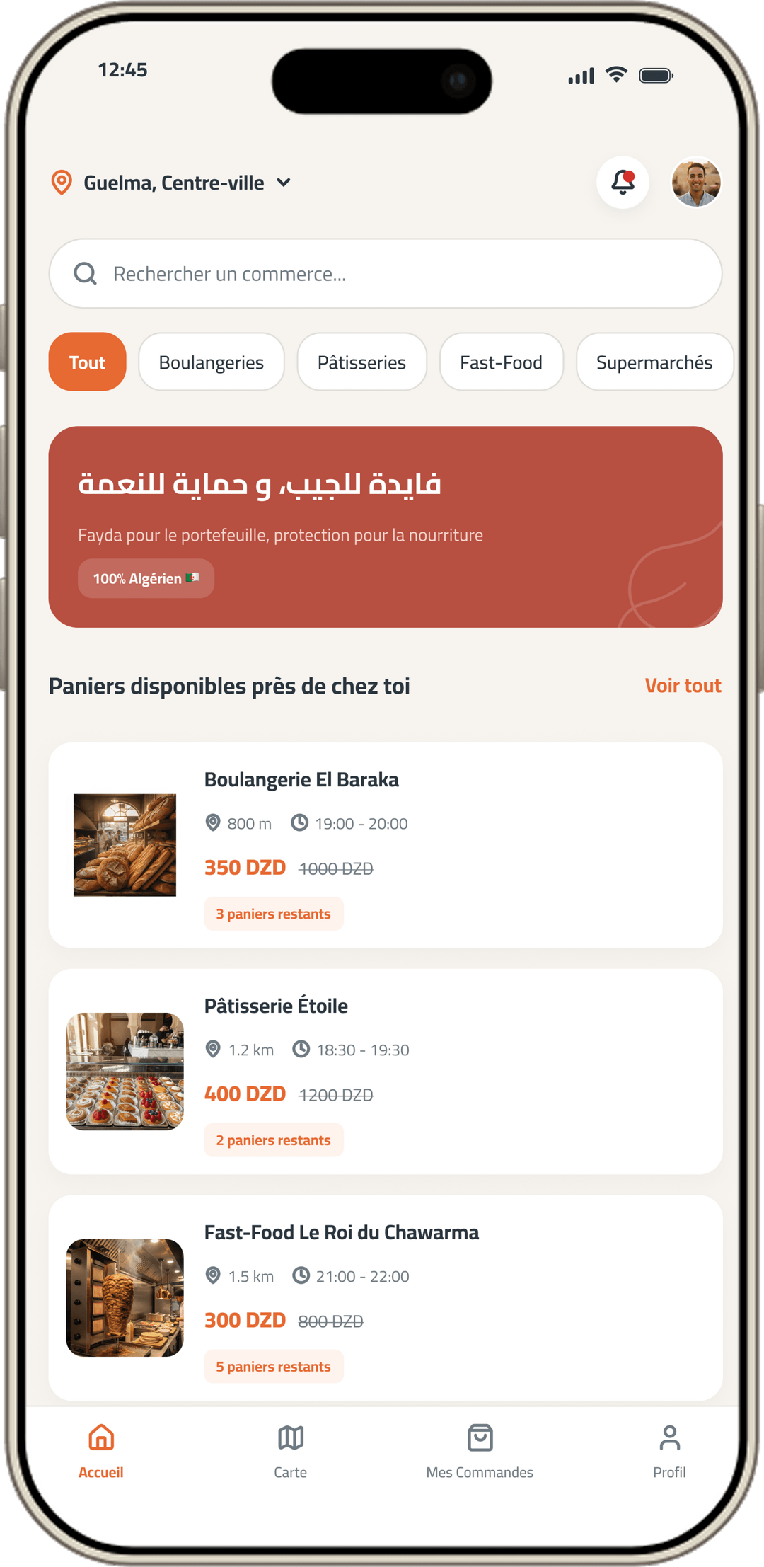 Application Fayda affichant des paniers anti-gaspi disponibles à Alger