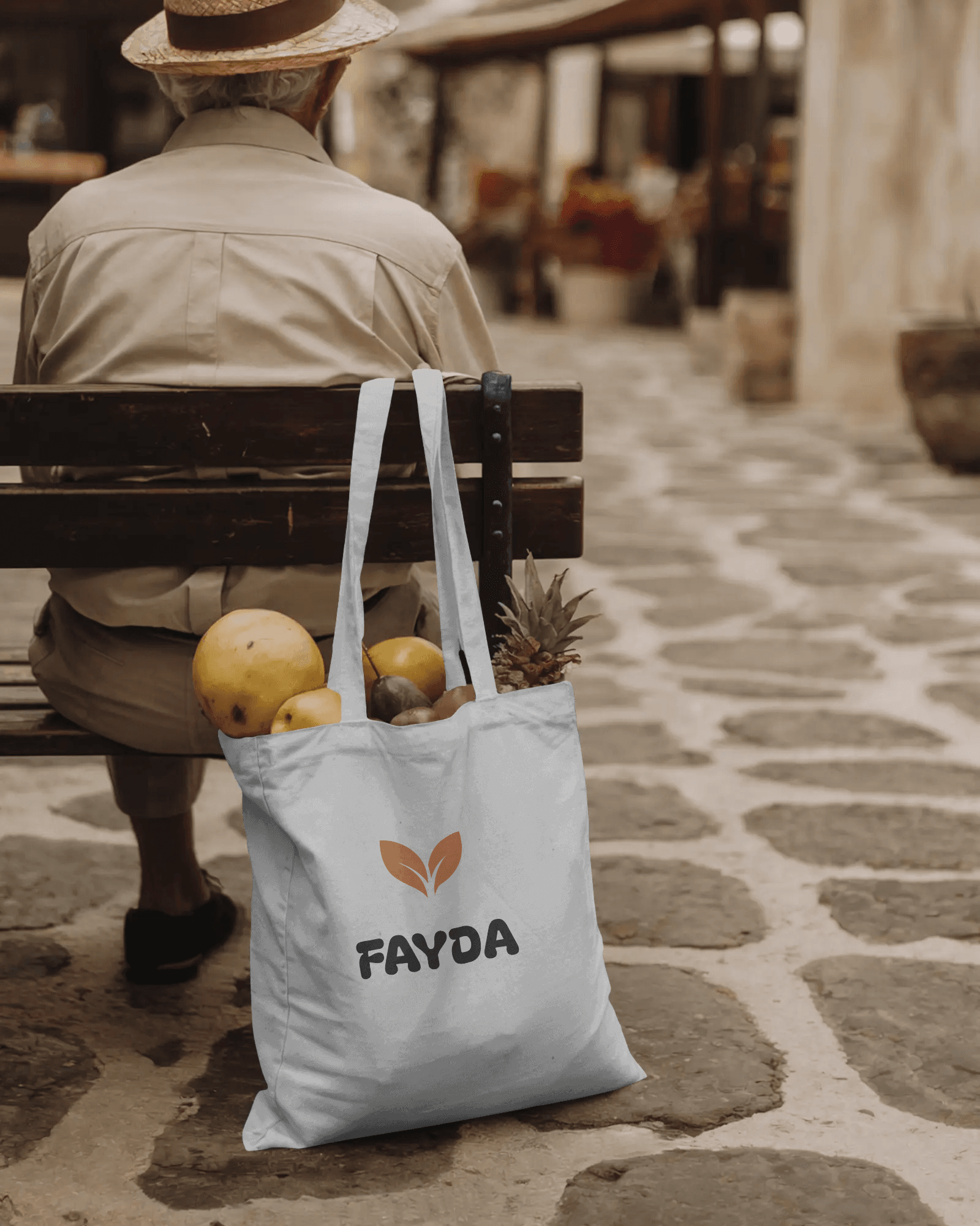 Un panier Fayda offert en sadaka, porté par une personne âgée sur un banc